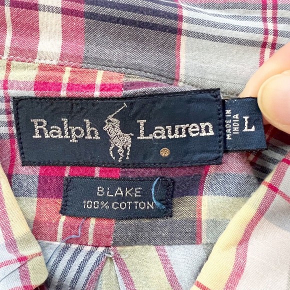 VTG Ralph Lauren BLAKE Cotton Plaid Button Down Shirt S/S Lightweight Soft Sz L - Picture 6 of 9